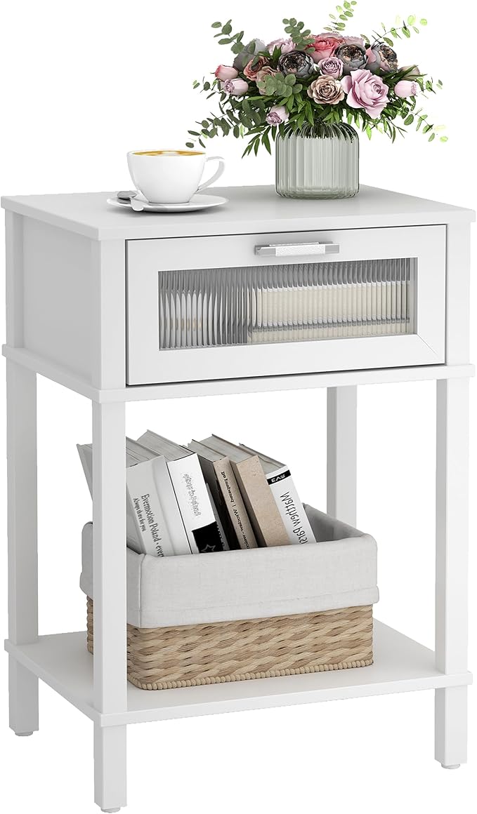 Nightstand Wooden Bedside Table with Drawer White Night Stands Modern Style Small End Table Side Table with Storage Shelf for Bedroom Living Room MLBZ10W