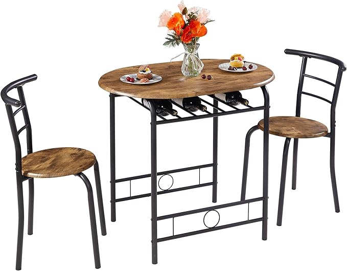VECELO 3-Piece Dining Table Set for Kitchen Breakfast Nook, Wood Grain Oval Tabletop and Metal Frame with Built-in Wine Rack, for Small Spaces, 31.5", Antique & Black