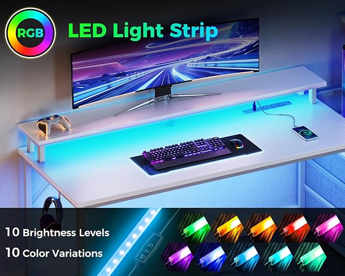 AODK 59 Inch Gaming Desk with USB Charging Ports & LED Light- Reversible Computer Desk with Storage Shelves & Monitor Stand, Modern Gamer Desk Table with Fabric Drawers & Side Hook, Carbon Fiber White