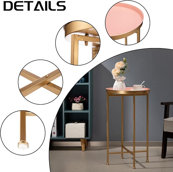 HollyHOME Small Round Metal End Table, Accent Indoor&Outdoor Coffee Side Table, Snack Sofa Table for Living Room, Anti-Rust Decorative Plant Stand, (D) 14.5" x(H) 25", Gold&Pink