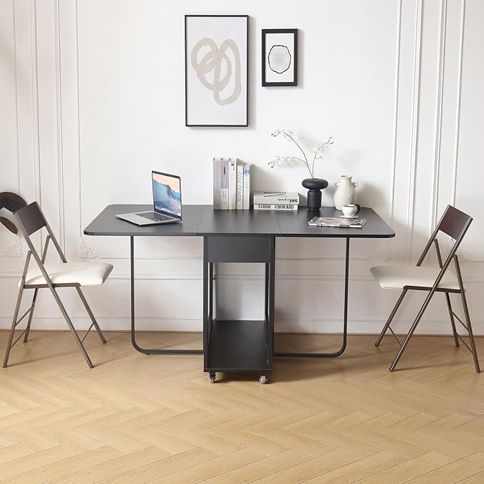Folding table and chair set, dining table with extra large storage space and 4 universal wheels, matched with padded steel frame folding chairs, space-saving dining table and 4 chairs (White)