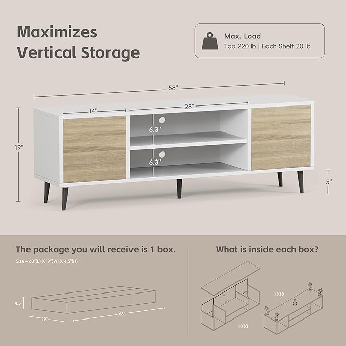 YESHOMY Modern TV Stand for 65" Television, Entertainment Center with Two Storage Cabinets and Open Shelves, Retro Style Media Console for Living Room, Bedroom, Office, 58 Inch, White & Beige