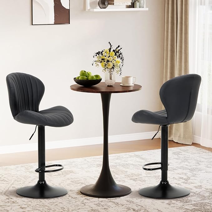 COLAMY Bar Stools Set of 1, Modern Swivel Bar Chairs, Adjustable Faux Leather Upholstered Barstools Counter Height with High Backrest for Bar, Kitchen Island, Dining Room, Black