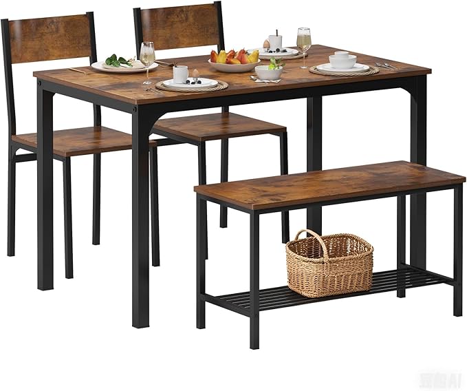 4-Piece Dining Table Set with Bench - 4 Person Kitchen Table and 2 Chairs for Small Spaces, Apartment - Metal Frame & Woodgrain Tabletop, Space-Saving Design, Durable & Easy to Clean, Rustic Brown