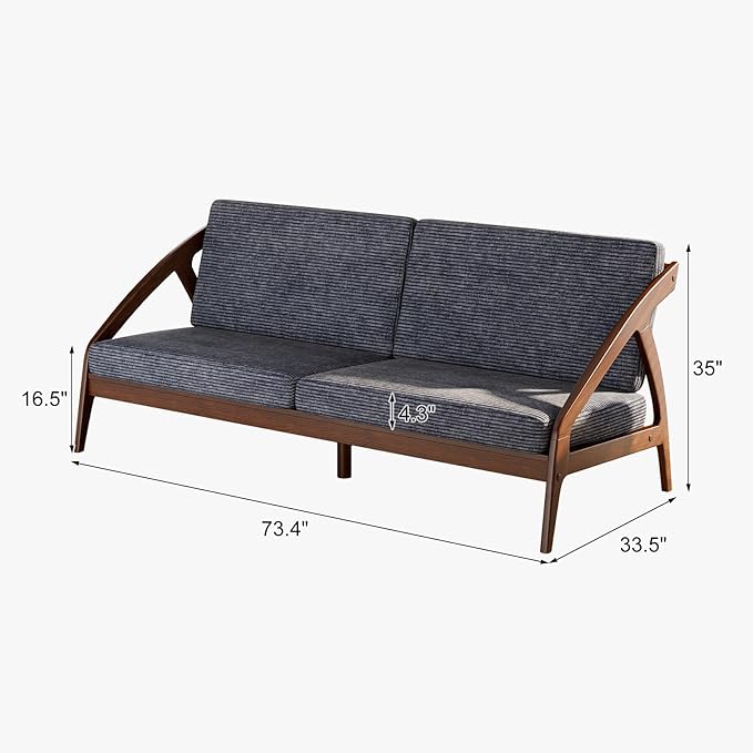 73.4" Solid Wood Upholstered Sofa, Comfortable Seat Cushion, White Waxwood Full Solid Wood Frame, Removable Cover, Suitable for Bedroom and Living Room, Easy to Assemble, Office Sofa