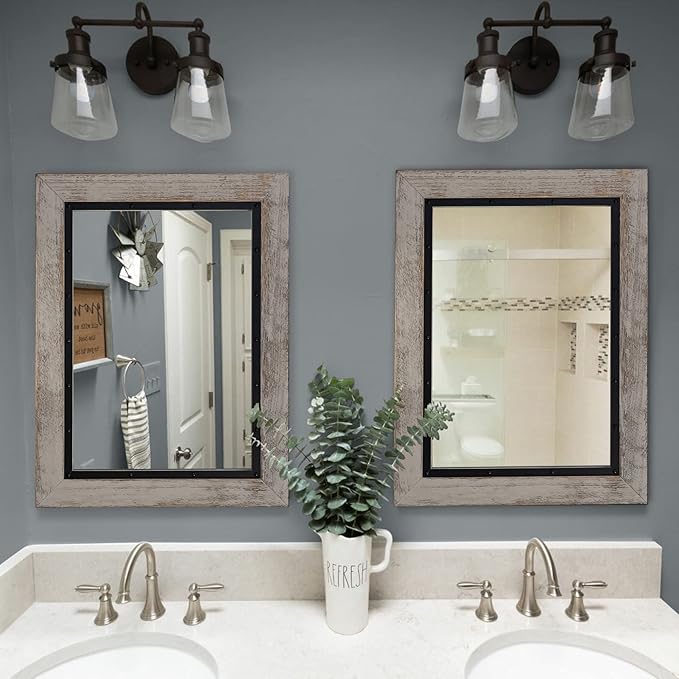 YOSHOOT Rustic Wooden Framed Wall Mirror, 30"x20", Natural Wood and Iron Bathroom Vanity Mirror for Farmhouse Decor, Vertical or Horizontal Hanging