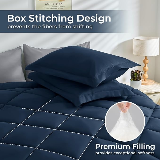 HEVUMYI Full Comforter Set - 7-Piece All Season Bed in a Bag Full, Ultra Soft Bedding Set with Comforter, Flat Sheet, Fitted Sheet, Pillowcases, Pillow Shams, Navy Blue & Light Grey
