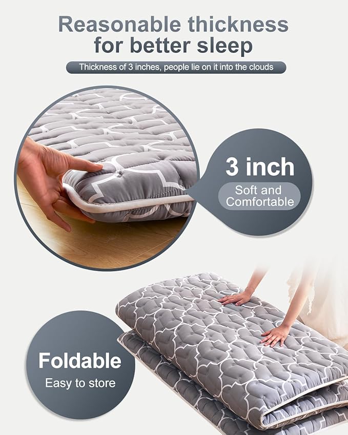 6th Generation Japanese Floor Futon Mattress - Extra-Thick 9-Layer Modern Futon with 100% High-Density Foam, Portable Floor Mattress Sleeping Pad for Adults, Guest Room, Dormitory, Queen Size(60"X80")