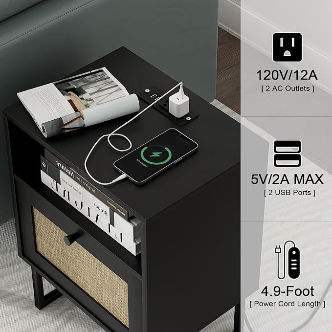 Masupu Rattan Nightstand with Charging Station,Modern Boho Farmhouse Wood Bedside Table with Storage Drawer and Open Shelf,Small Black Frame Side End Table for Bedroom,Living Room,Office (Black)