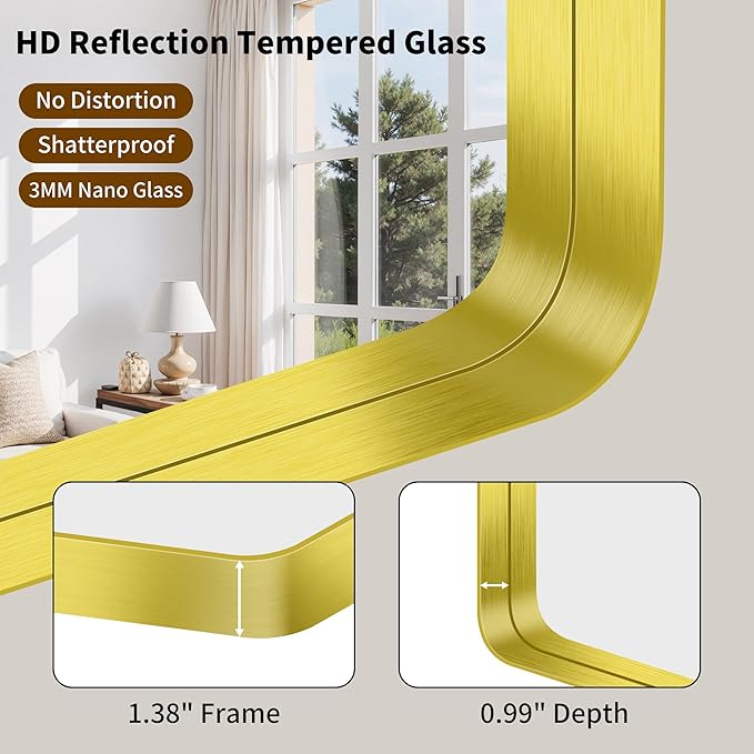 FORBATH 48x40 Inch Bathroom Mirror, Brushed Gold Deep Frame Wall Mirror with Rounded Corners, Anti-Rust Tempered Glass for Modern Farmhouse Vanity (Horizontal/Vertical)