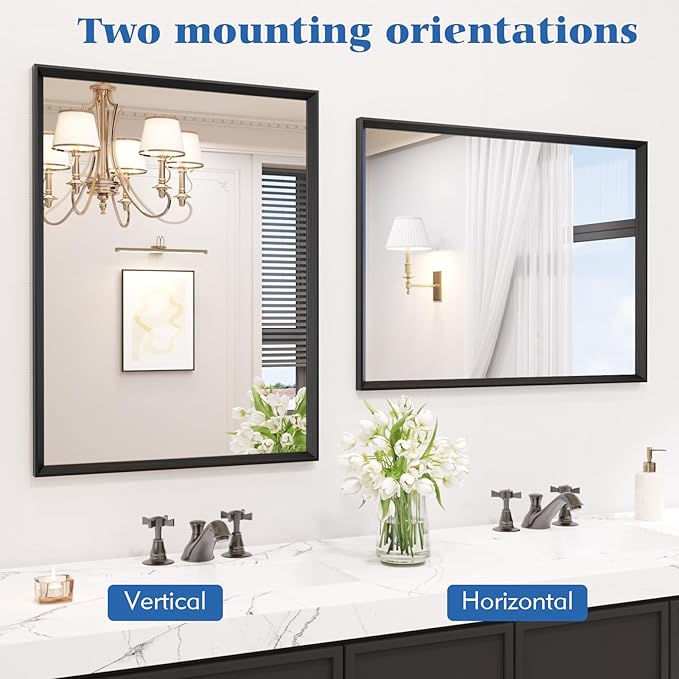 20x30 Inch Bathroom Mirror, Matte Black Framed Rectangle, 4MM Tempered Glass, Anti-Rust, Wall-Mounted Vanity Mirror for Bathroom & Bedroom - Hangs Horizontally or Vertically