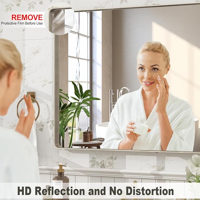 20x30 Inch Brushed Nickel Bathroom Mirror, Brushed Silver Metal Framed Wall Mirror, Rounded Corner Rectangle Modern Vanity Mirror, Tempered Glass, Anti-Rust, Shatterproof (Horizontal/Vertical)
