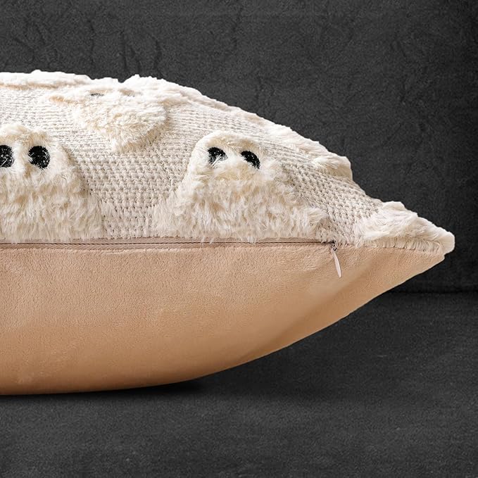 4TH Emotion Halloween Ghost Decorative Pillow Covers 20x20 Set of 2, Beige Soft Plush Faux Fur Farmhouse Throw Cushion Cases for Fall Autumn Holiday Home Decorations