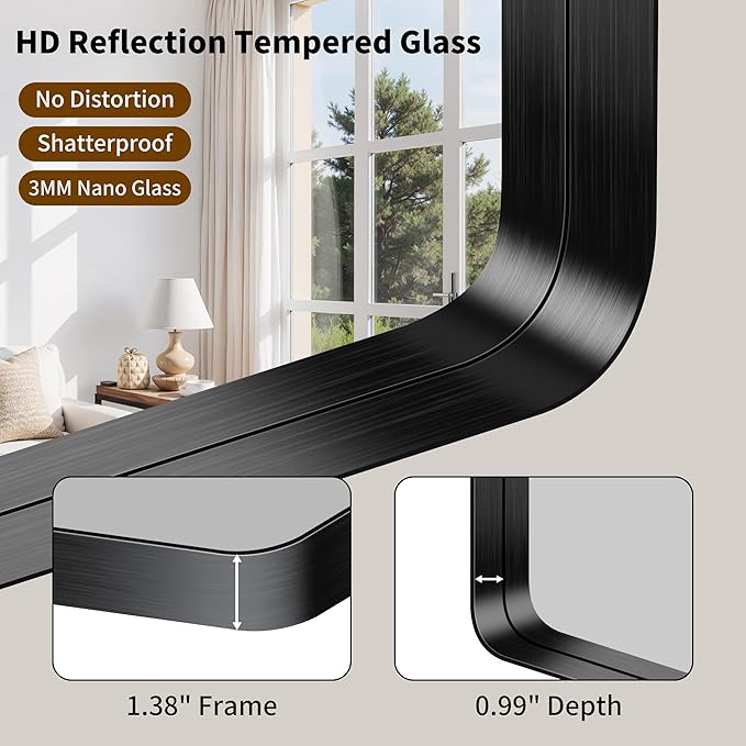 FORBATH 60x40 Inch Large Bathroom Mirror for Double Sinks, Brushed Black Deep Frame Wall Mirror with Rounded Corners, Anti-Rust Tempered Glass for Modern Farmhouse Vanity (Horizontal/Vertical)