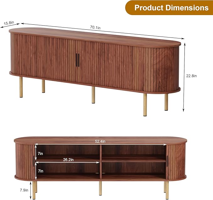 70.1" TV Stand, Modern TV Console Table with Storage Compartment and Sliding Door, Gaming Entertainment Center with Cabinet for Living Room, Bedroom, Office, Walnut