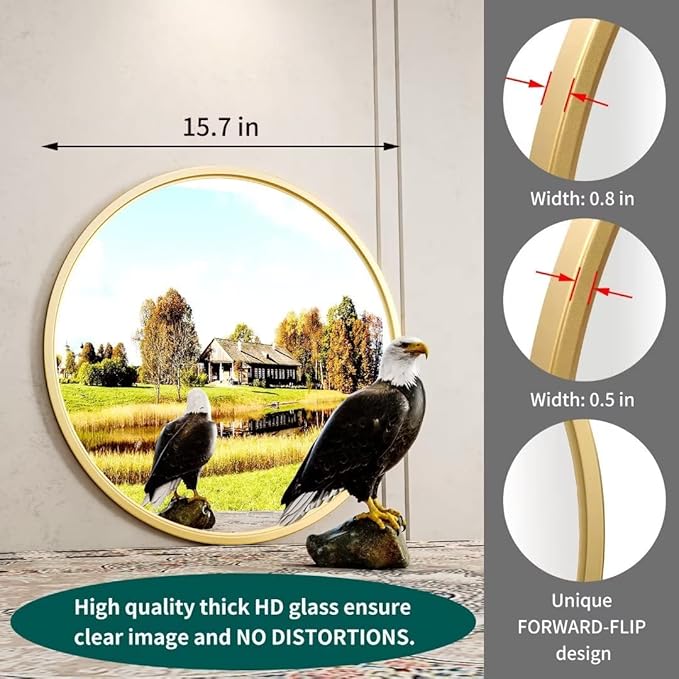 Growsun Gold Round Mirror, 15.7 inch Circle Wall Mirror for Bathroom Vanity, Entryway Living Room with Metal Frame for Home Decor