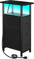 Narrow End Table Living Room with Charging Station, Skinny Side Table with Fabric Drawers, Slim LED Nightstand for Bedroom, Small Spaces, Couch, Black, HETNDP03LBK-1