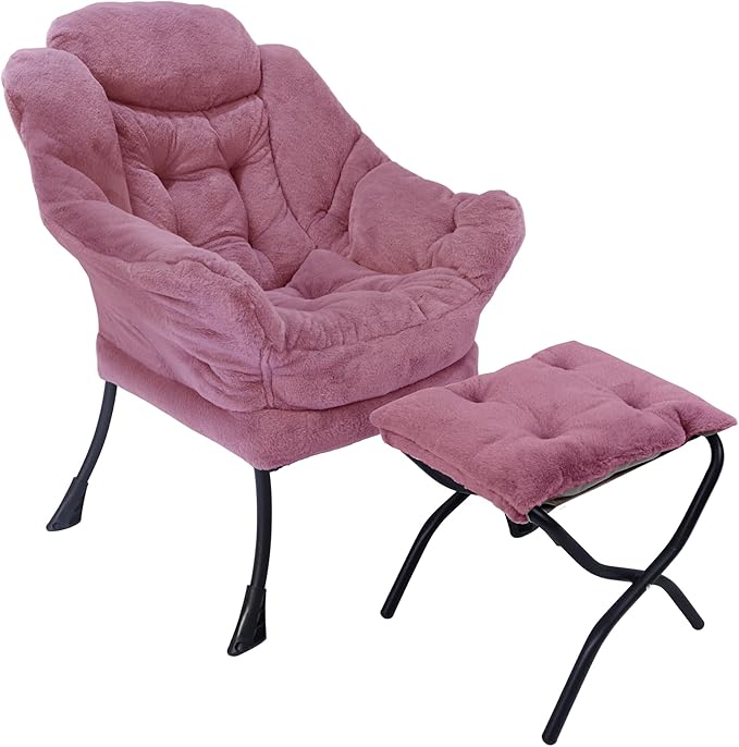Lazy Chair with Folding Ottoman,Living Room Chairs, Accent Contemporary Lounge Chair, Single Steel Frame Leisure Sofa Chair with Armrests and A Side Pocket (TM31RED)