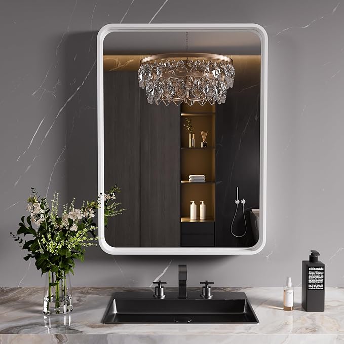 White Bathroom Mirror 24x36 Inch, White Metal Framed Bathroom Mirror for Wall, Rounded Rectangle Matte Bathroom Vanity Mirror, Tempered Glass, Anti-Rust, Horizontal/Vertical