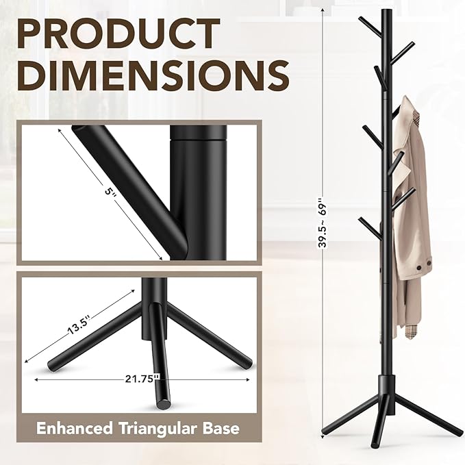 Wooden Tree Coat Rack Stand,Sturdy Freestanding Coat Rack with 8 Hooks,3 Adjustable Height for Child Adult,Wood Coat Stand Tree Fits Entryway Bedroom Office for Bags,Hats, 2 Pack