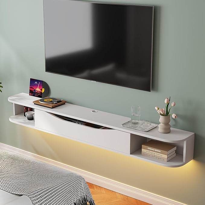 Floating TV Stand,70'' Wall Mounted TV Cabinet,Floating TV Console,Under TV Shelf with 1 Door and 2 Cabinets for TVs up to 75''(White)