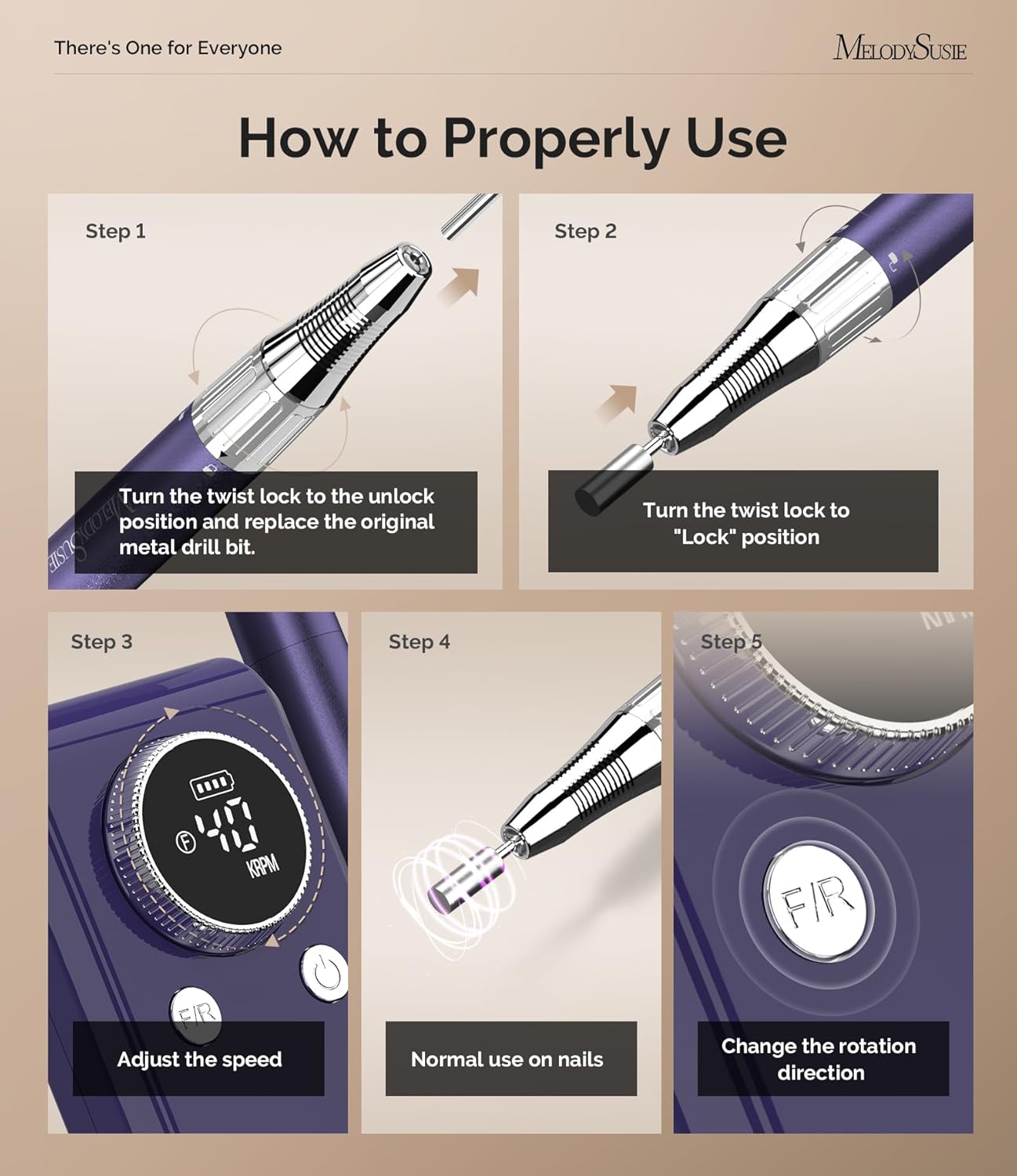 MelodySusie Professional 2 in 1 Nail Drill Kit 40,000 RPM, MB420G Brushless Portable Cordless Rechargeable Electric Nail File, Efile Nail Drill Machine for Acrylic Gel Nails Polishing Removing, Purple