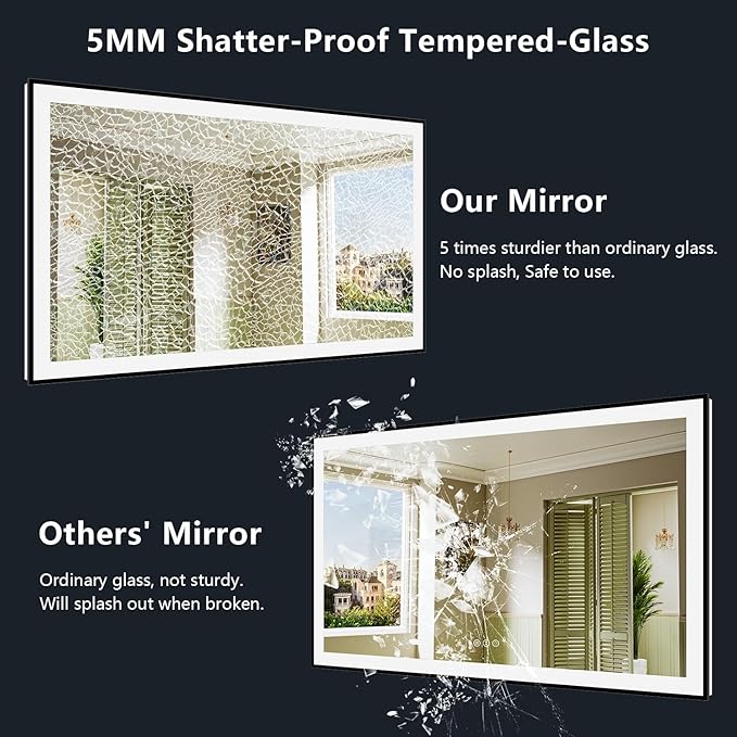 57x36 Inch LED Bathroom Mirror with Lights (Front Lit and Backlit) Black Framed Lighted Vanity Mirror for Bathroom Wall Dimmable Anti-Fog Memory Tempered Glass Horizontal/Vertical