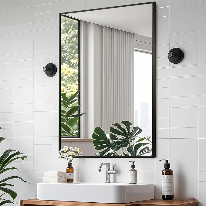 Matte Black Mirror, 22x30 Inch Aluminum Framed Rectangle Mirror, Anti-Rust, Tempered Glass, Square Corner Wall Mirror for Over Sink, Vanity, Bedroom, Entryway, Horizontal/Vertical