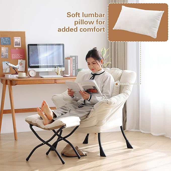 Lazy Chair with Ottoman, Modern Accent Chair with Lumbar Pillow, Comfy Chairs with Folding Footrest for Bedroom, Reading, Oversized Supportive Lounge Chairs(Velvet Light Purple)
