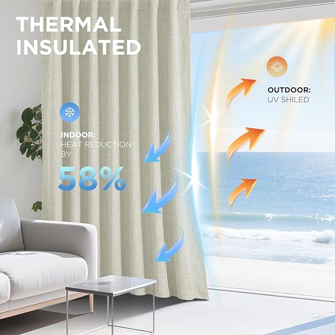 Joydeco 100% Blackout Curtains for Bedroom - Natural Linen Curtains 37" W x 108" L Long, Thermal Insulated 2 Panels Light Beige. Room Darkening Light Blocking Drapes for Living Room