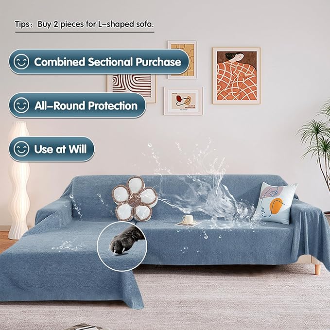 STACYPIK Waterproof Blue Sofa Cover for Dogs, Couch Cover for Sectional, Furniture Protector for 3 Cushion Couch, Anti-Scratch Loveseat Covers for L Shaped, Non-Slip Slipcovers for Loveseat-71X150IN