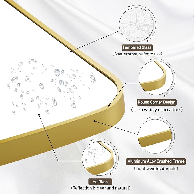 Matte Gold Mirror, 20x28 Inch Brushed Gold Mirror, Aluminum Alloy Framed Vanity Mirror, Rounded Rectangle Bathroom Mirror for Over Sink, Anti-Rust Wall Mirror (Horizontally or Vertically)