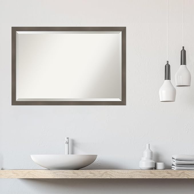 Amanti Art Grey Wall Mirror 27x39 Edwin Clay Grey Rectangle Bathroom Mirror for Wall Decor Living Room, Large Casual Wood Frame, Hangs Horizonally and Vertically, Bathroom Decor, Beveled Edge from WI
