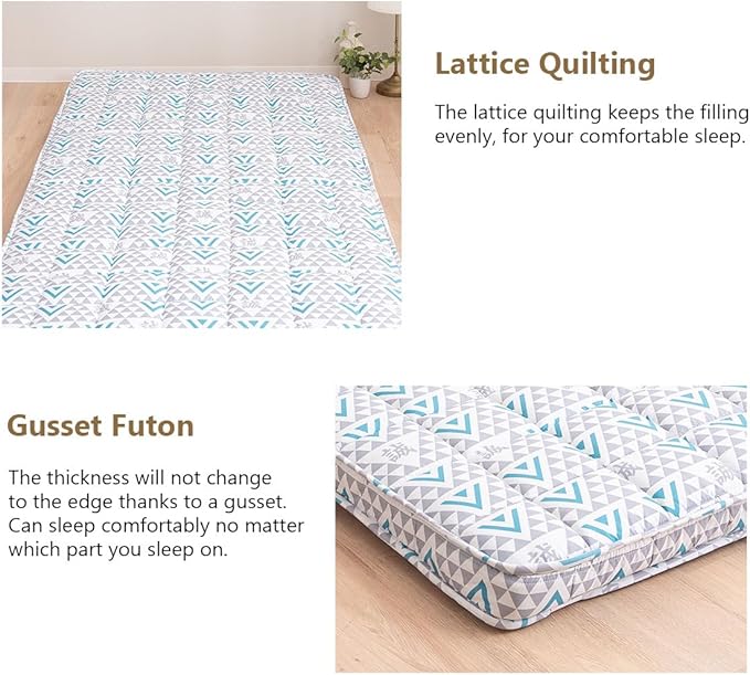 EMOOR Japanese Padded Futon Mattress Machi Queen Triangle-Gray (Shinsengumi Makoto), Gusset Foldable Storable Elastic Bands Floor Sleeping Guest Bed Tatami Mat