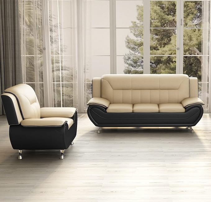 Container Furniture Direct Michael Modern Faux Leather Upholstered Stainless Steel Legs Living Room Sofa, Chair, Camel/Black
