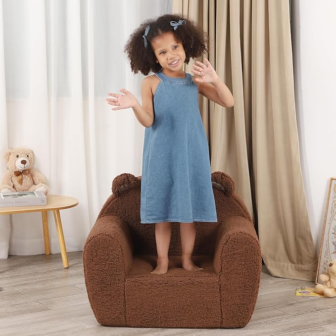 Comfy Toddler Chair, Cuddly Sherpa Teddy Bear Kids Sofa, High Back Kids Reading Chair for Boys and Girls, Brown