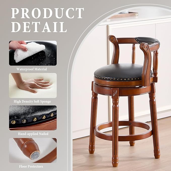 Cow top Leather Wooden Bar Stools, 360 Degree Swivel Bar Height Chair with Backs for Home Kitchen Counter, Morden Chair Barstools (Black, Counter Height-Seat Height 26”)