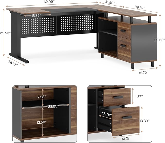 Tribesigns 63 Inch Executive Desk with File Cabinet, Large Office Desk L Shaped Computer Desk with Drawers and Storage Shelves, Business Furniture Desk Workstation for Home Office, Brown and Black