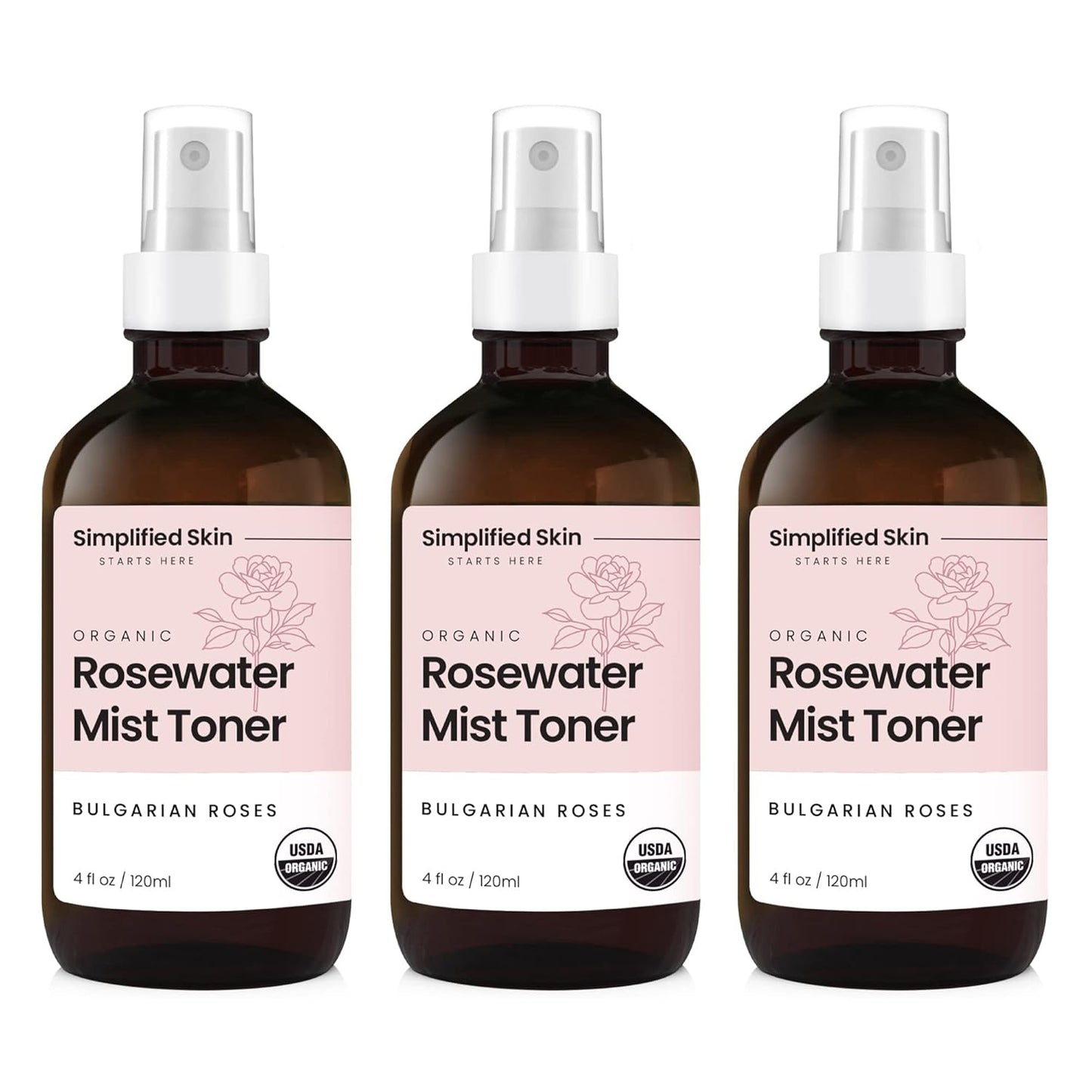 Simplified Skin Rose Water Spray for Face – Natural Organic Facial Toner – Hydrating Face & Hair Mist & Makeup Remover – Alcohol-Free 4 Fl Oz 3-Pack
