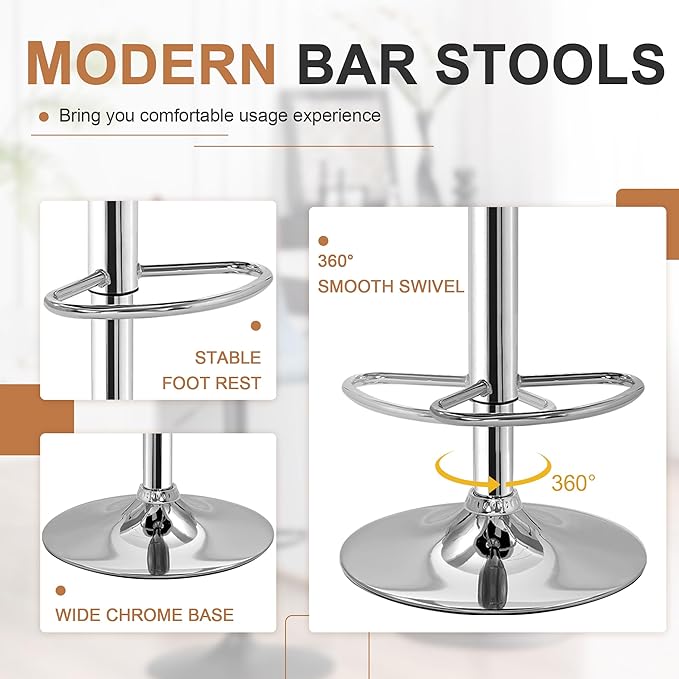 VECELO Bar Stools Set of 2, Modern PU Leather Adjustable Bar Stools with Back, 360° Swivel Bar Height Stools for Kitchen Counter Island, X-Large Size