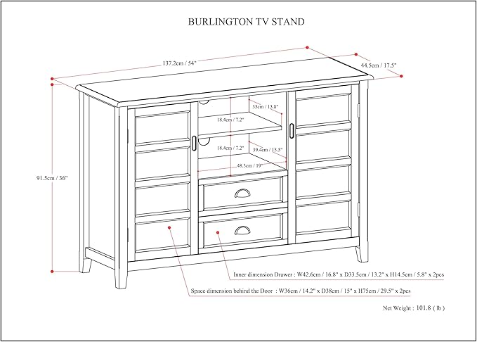 SIMPLIHOME Burlington SOLID WOOD 54 inch Wide Transitional TV Media Stand in Mahogany Brown For TVs up to 60 inches for the Living Room and Entertainment Center