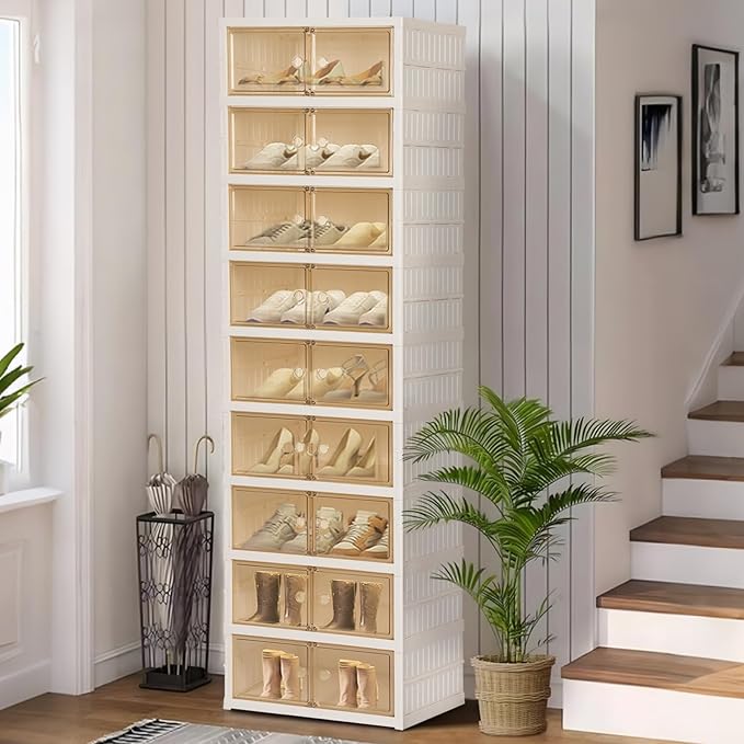 Foldable Shoe Organizer Storage Box, Portable Extra Large Folding Shoe Rack for Closet, Shoe Storage Box with Magnetic Transparent Door and Wheels, 9 Layers 18 Grids.