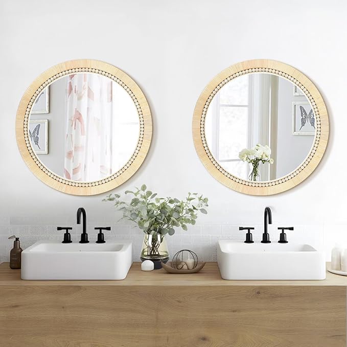 ULIKE Round Rattan Mirror, Bathroom 24 Inch Rustic Farmhouse Wall Decor with Handmade Wicker Frame, Boho Mirror for Nursery Bedroom Living Room Entryway