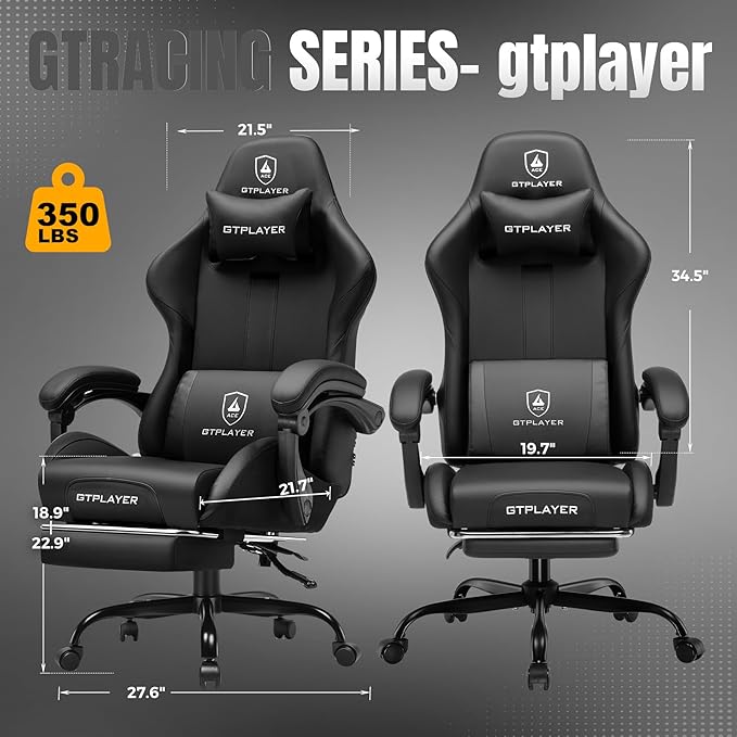 GTRACING Gaming Chair with Foot Rest & Pocket Spring Cushion, Ergonomic High Back Computer Chair with Headrest & 360°-Swivel Seat for Home Office Desk, PU Leather, Black