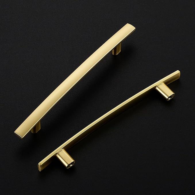 5 Pack Cabinet Handles 5" Hole Center - Curved Cabinet Pulls Brushed Brass Drawer Pulls for Kitchen Cupboard Solid Handles for Dresser Drawer Arch Closet Hardware