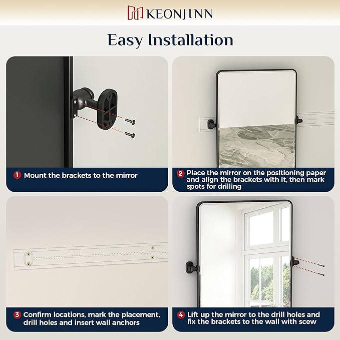 Keonjinn Pivot Mirror Bathroom, 24x30 Inch Black Tilt Mirror Bathroom for Over Sink, Matte Black Framed Mirrors for Bathrooms, Adjustable Beveled Rounded Corner Tilt Wall Mirrors, Horizontal/Vertical