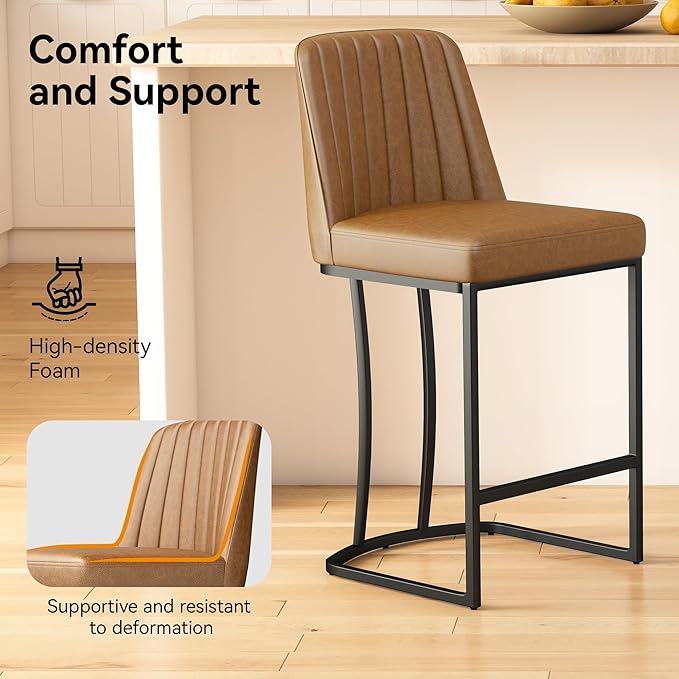 Counter Height Bar Stools Set of 4, Upholstered Leather Barrel Barstools with Back and Metal Legs for Kitchen Island, 27.4" Seat Height, Fabric in Faux Leather, Rustic Brown