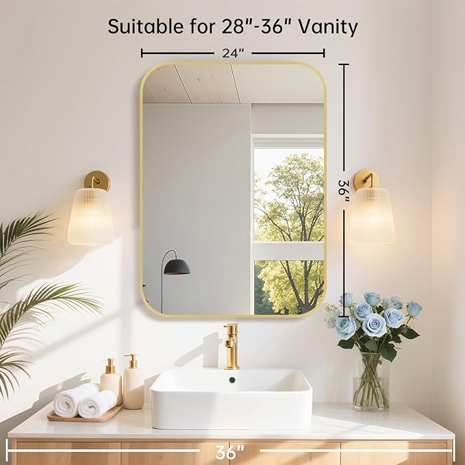 24x36 Inch Gold Bathroom Mirror, Brushed Gold Metal Framed Rectangular Mirror with Rounded Corner, Wall Mounted Vanity Mirror for Bedroom or Living Room, Horizontal/Vertical