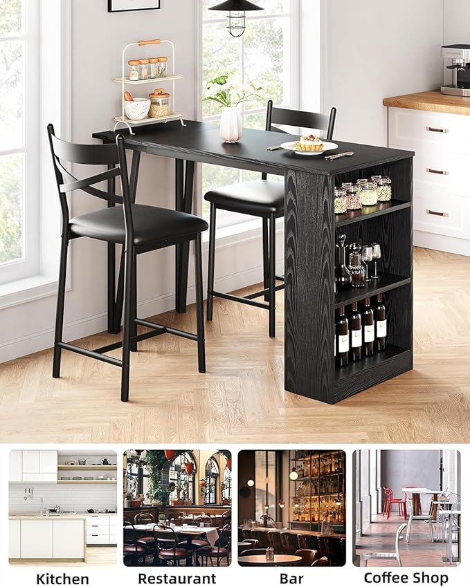 Garvee Bar Table and Chairs Set, 3 Piece Bar Table Set with with Flip Top Extension and Storage Shelves, Dining Table Set for 2, Suitable for Small Space Kitchen Apartment, Black