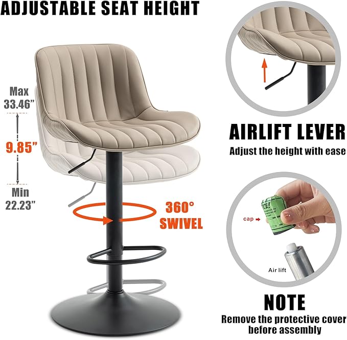 YOUNIKE Khaki White Bar Stools Set of 2 Kitchen Counter Height Barstools Upholstered Swivel Modern Faux Leather Bar Chairs with Backs Adjustable High Breakfast Island Stool with Metal Leg